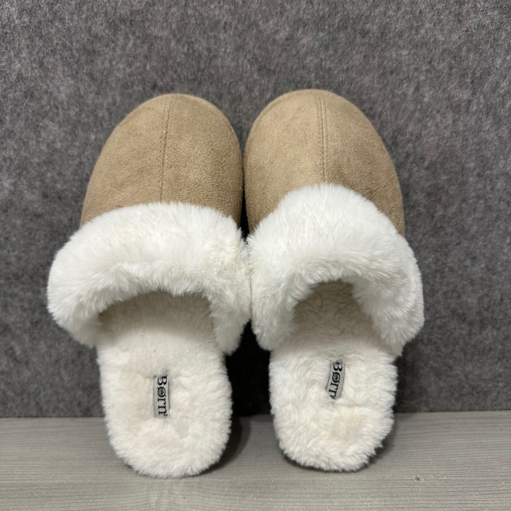 Born Slippers Womens Size M 7-8 Tan Faux Fur Trim Suede Scuff Indoor House